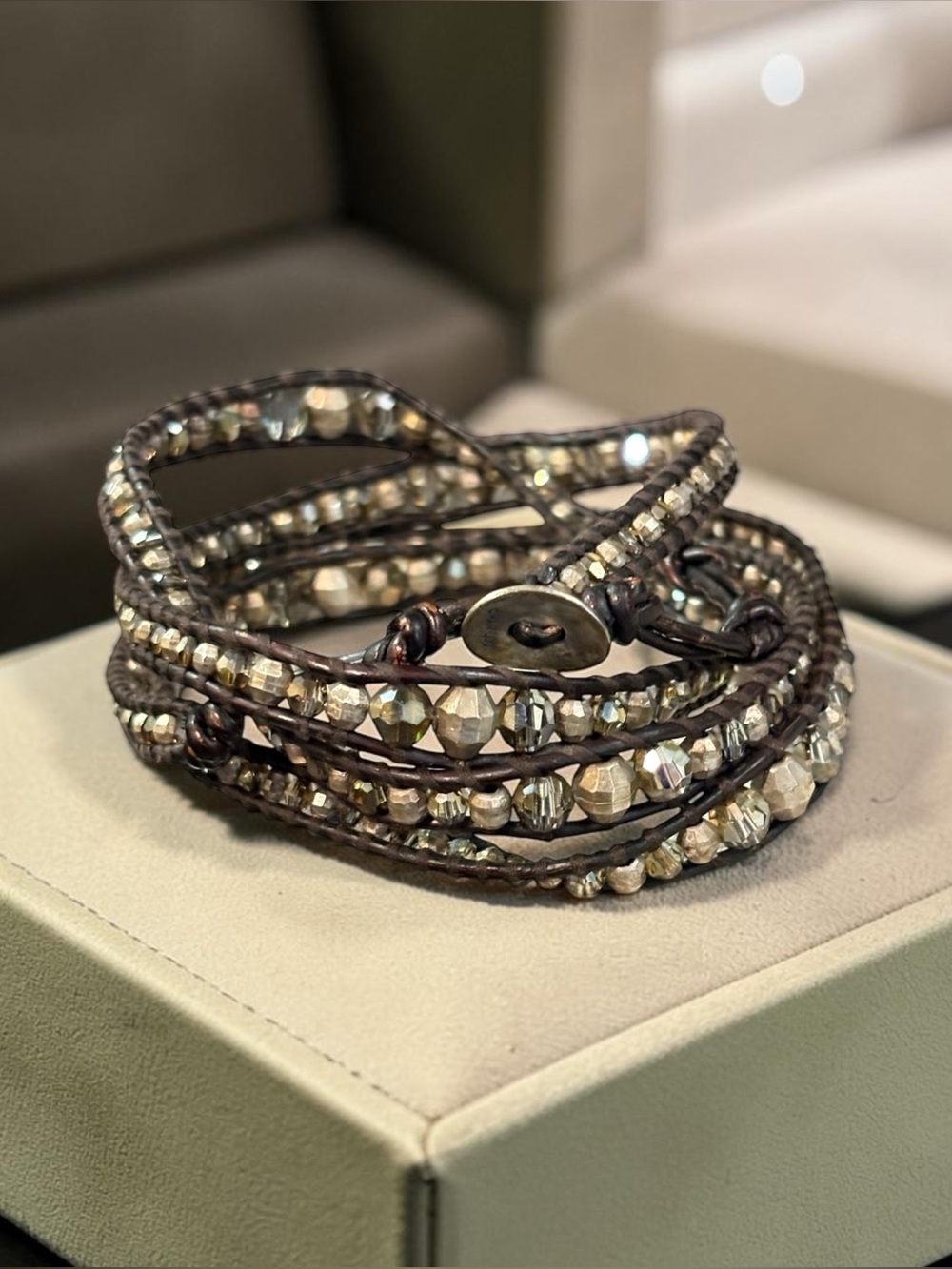 Designer Chan Luu Beaded Leather Wrap Bracelet with 92.5 Closure
